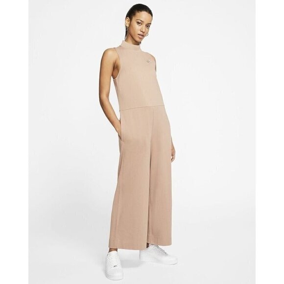 Nike Womens Jersey Jumpsuit Sz S Desert Dust Pink Mock Neck Wide Leg Athleisure - Picture 1 of 9